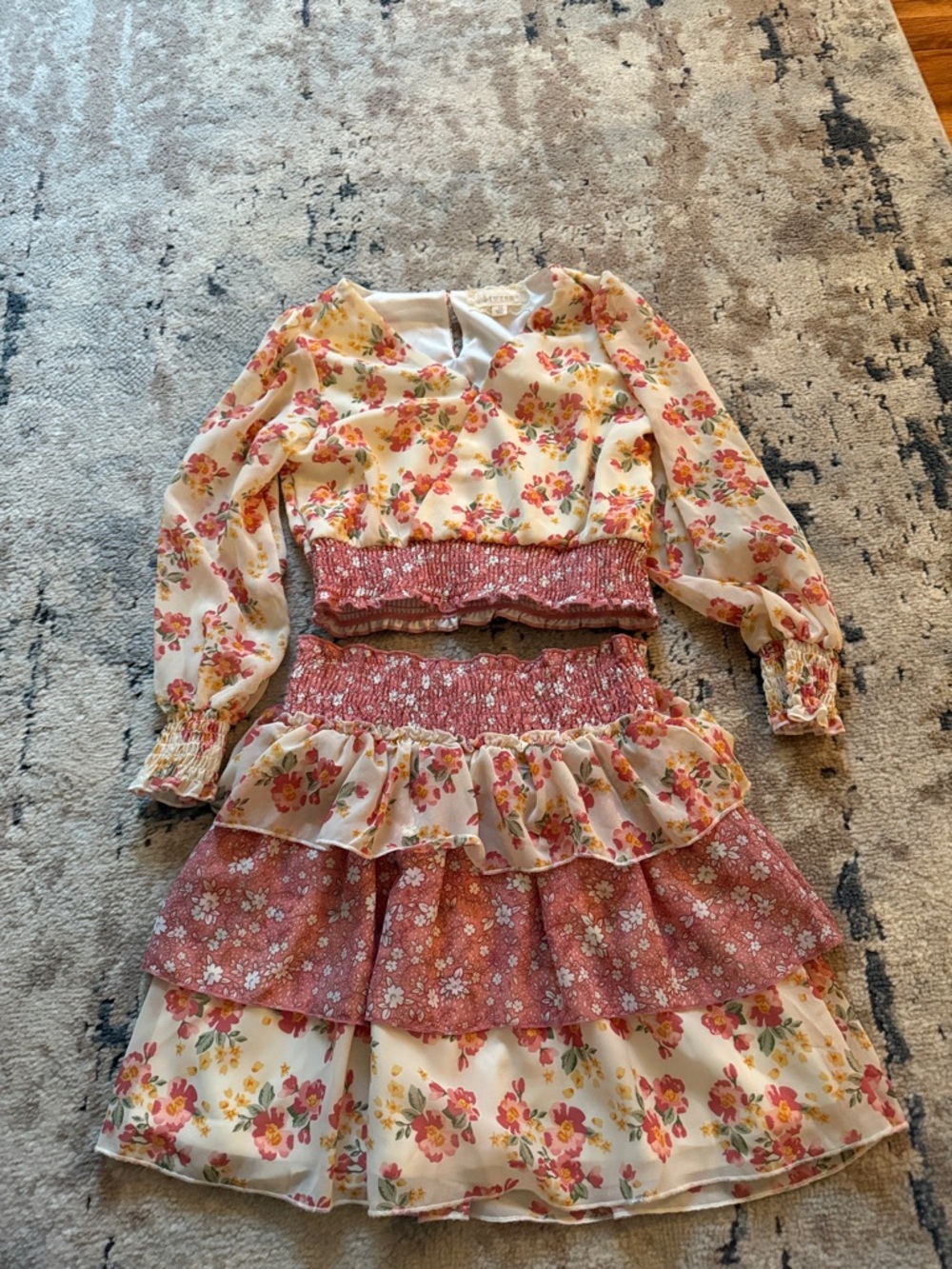 Big Girls (sz10) Floral 2-Piece Crop Top & Tiered Skirt Set - Cream & Dusty Rose